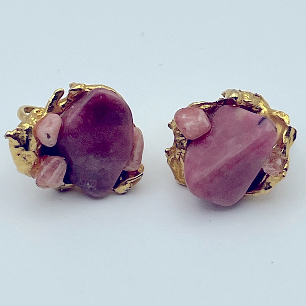 Gold Brutalist Pink Rhodonite Encrusted Clip Earrings